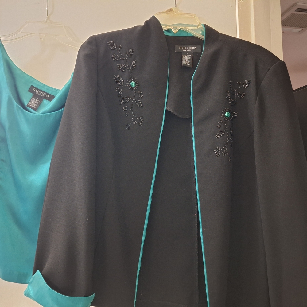 Elegant Black Blazer with Teal Embroidery